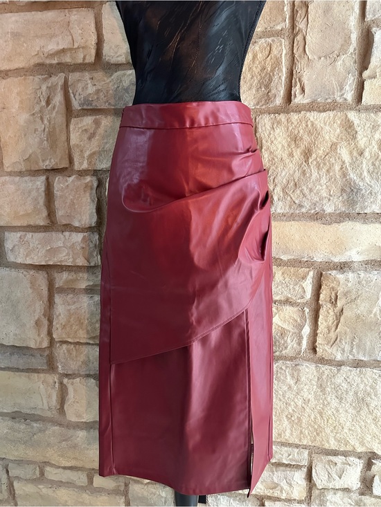 Dresses & Skirts - Women's Faux Leather Wrap Pencil Skirt - Burgundy